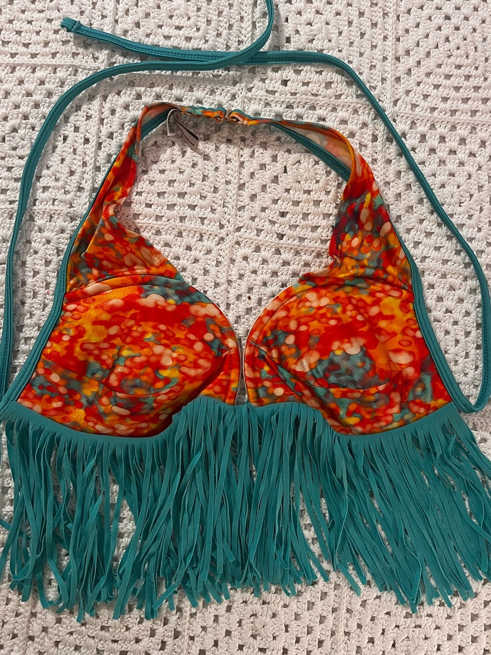 Luli Fama Fringe Halter Bikini Top in Teal and Multicolor Sz L